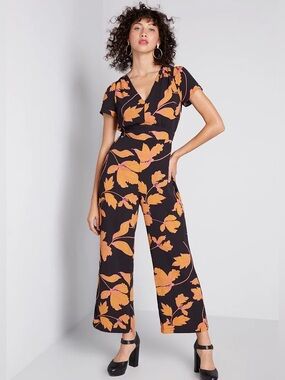 ModCloth Black Jumpsuit with Orange Floral Print